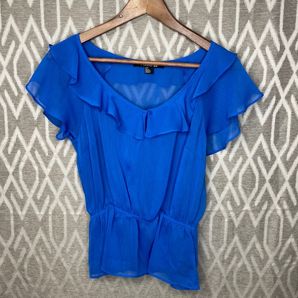 Sheer Cropped Blue Blouse with Ruffle Details Small